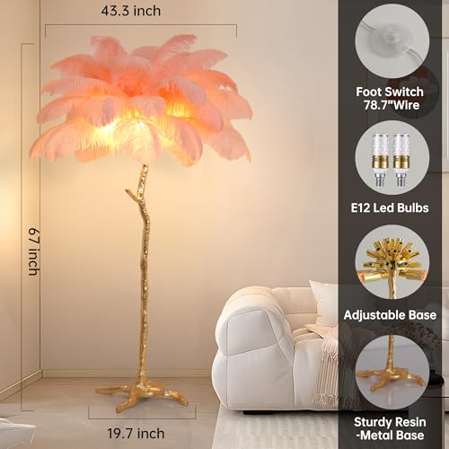 MAYOLA Luxury Resin Ostrich Feather Lamp, 35 Pieces Real Ostrich Feathers,Floor Light for Living Room, Bedroom and Office 67” Tall Feather Lamp(Pink, Floor Lamp)