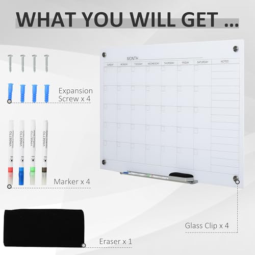 35x23 Advanced Technology Tempered Glass Dry Erase Whiteboard Monthly Calendar FFor rameless with Precision Markers and Easy-Erase Eraser