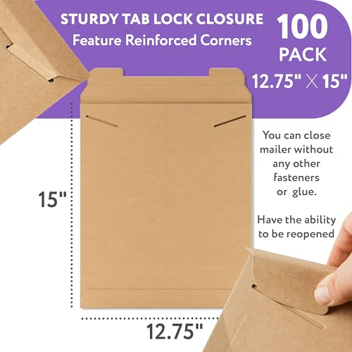 APQ Supply Natural Brown Tab Lock Rigid Mailers, 12.75 x 15 Inch. Pack of 100 Cardboard Envelopes for Photos, Documents. Sturdy Stay Flat Mailers with Tab Lock Closure. Hard Rigid Shipping Envelopes