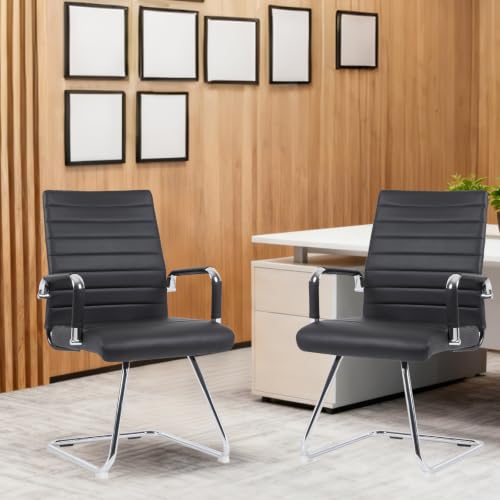 Sidanli Office Reception Chair No Wheels, Stationary Non Rolling PU Leather Mid Back Guest Chair with Sled Base for Conference Waiting Area, Black Set of 2