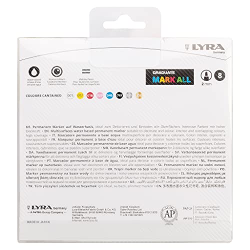 LYRA Graduate Mark All Multisurfaces Permanent Marker, 2mm Round Tip, 8 Assorted colours, Ideal for Students and Schools