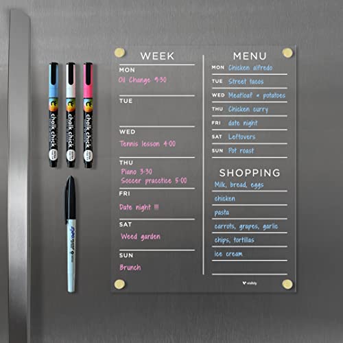 Visibly Magnetic Acrylic Meal Planner, Menu & Shopping List Board for Fridge, 9” x 12” Clear Refrigerator Organizer, Includes 4 Magnetic Wet-Erase Markers, Silver Corner Magnets