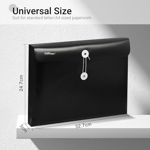 WORPSON Plastic Expandable Envelopes Files Document Folders, for Letter A4 Size, with String Tie Closure - 1-1/4 Inch Expansion - for School Office & Home (Black, Horizontal)