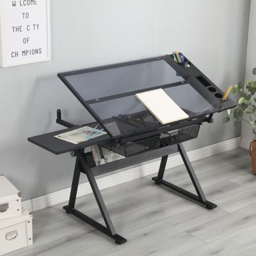 Hassyee Drafting Table, 0-75° Adjustable Glass Top Artist Table - Height Adjustable Drafting Desk with Large Storage for Painting & Crafting - Ideal for Designers and Art Students