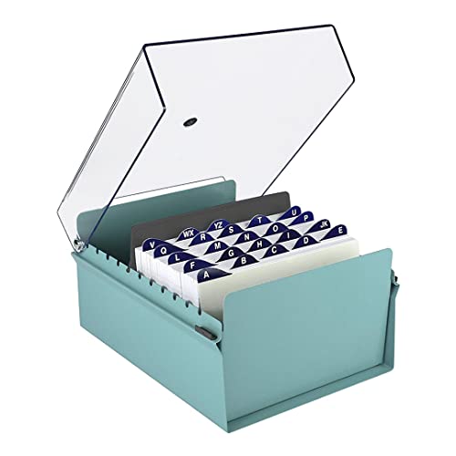 Acrimet 5 X 8 Card File Holder Organizer Box Metal Base Heavy Duty (AZ Index Cards and Divider Included) (Green Color with Clear Crystal Plastic Lid Cover)