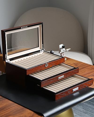 Besforu wood pen display case 36 slot Fountain pen Box storage Organizer with drawer, Top Glass Window Pen Collection Display Case