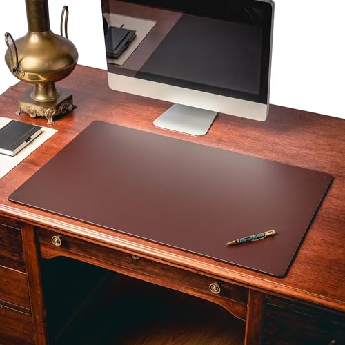 Dacasso 34” x 20” Luxury Brown Leatherette Desk Mat w/Out Side Rails - Executive Desk Surface Protector - Faux Leather Desk Pad Blotter for Writing
