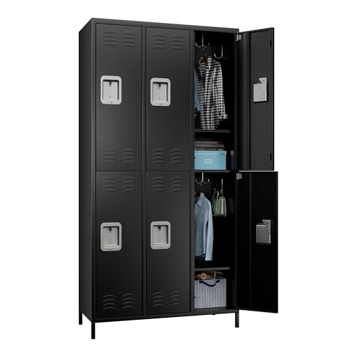 Aobabo 6 Doors Metal Storage Locker for Employees, Steel Locker with 18 Hooks for School Office Gym Bedroom, Black, Assembly Required