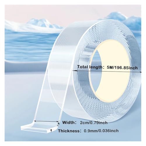 DSWMY Transparent Tape Double Sided Reusable Adhesive Strong Tapes Cleanable Kitchen Bathroom Supplie(Lenth 5m Width 2cm)