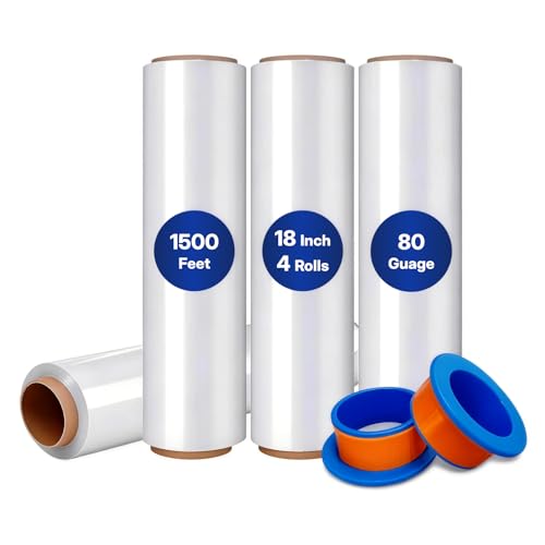 NorthSky Pallet wrap Stretch Film - Industrial Strength up to 800% Stretch 20 Microns Clear Durable Adhering Packing Moving Heavy Duty Shrink Film Box of 4 (80 GA, 18'' x 1500')