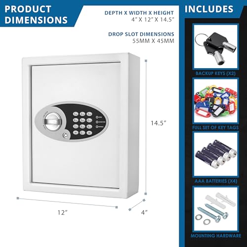 Barska 48 Position Key Cabinet with Digital Keypad Wall Mounted Security Keys Safe Key Organizer White with Adjustable Racks Key Tags