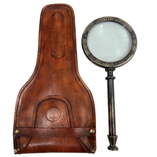 Antique Henry London Marine Handheld Magnifying Glass Astrologers Leather Case Brass Instrument Map or Coin Reading Lens Brown Vintage Magnifier