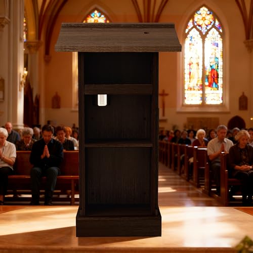 44" Tall Wood Podium Stand, Wooden Lectern with Mic Stand Space, 1 Sliding Shelf with Cup Holder and 1 Fixed Shelf, for Classroom Churches, Seminars and Schools-Easy Assembly, Rustic Brown