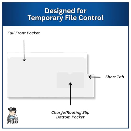 Doctor Stuff - Short Tab Vinyl Outguides, Full Front Pocket, Bottom Charge Out Slip Pocket, Plastic File Folder, Legal Size 9" x 16", White, 50/Box