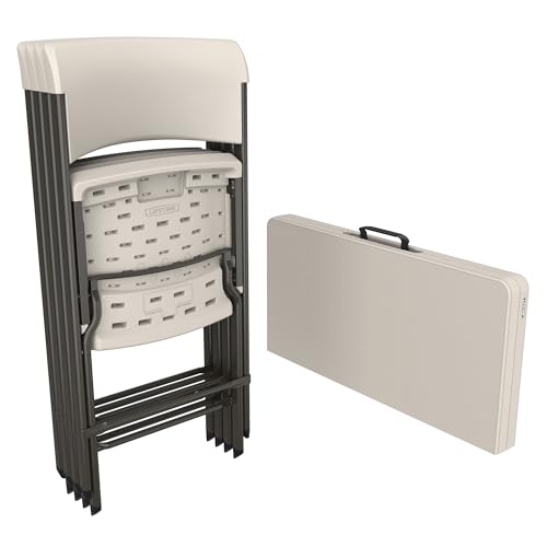 LIFETIME Folding Table and Chair Set, 37-Inch Square Fold-in-Half Table with 4 Chairs, Almond, Steel Frame