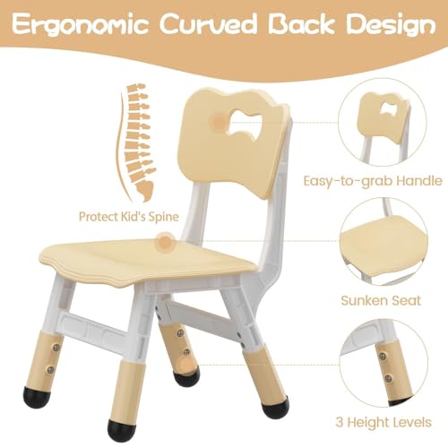 4 Pcs Adjustable Kids Chairs - 3 Level Height Adjustable Toddler Chair for Ages 3-8 - Ergonomic Backrest, Durable Plastic, Non-Slip Feet - Home, Kindergarten, Classroom & Activities - Yellow