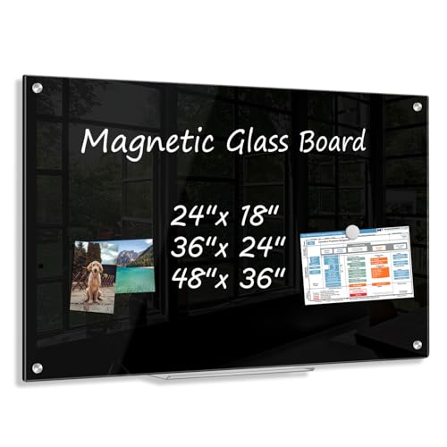AMUSIGHT 36” x 24” Black Dry Erase Board, Magnetic Tempered Glass Board