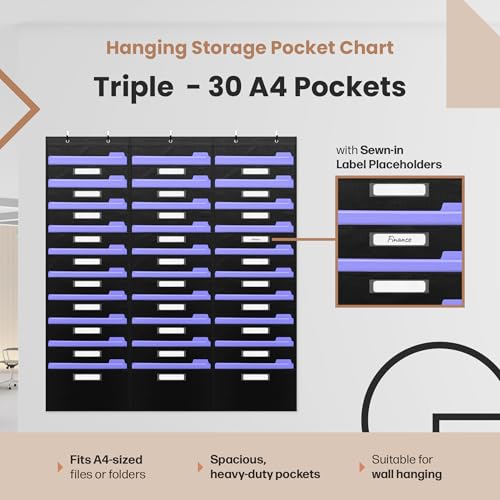 Hippo Creation Heavy Duty Storage Pocket Chart for Classroom, 30 Pocket Storage Organizer with 5 Over-Door Hangers, Hanging Wall Organizer for File Folders, School Mailbox, Home Office Papers - Black
