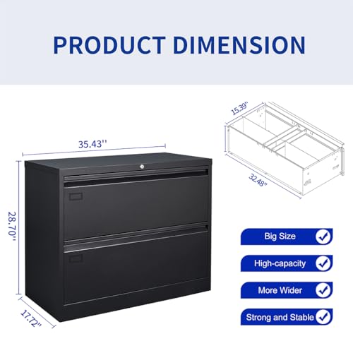 2 Drawer Lateral File Cabinet with Lock, Large Metal Vertical Filing Cabinet, Home Office Lockable Storage Cabinet for Hanging Files Letter/Legal/F4/A4 Size-Assembly Required (36"D x 18"W x 29"H)