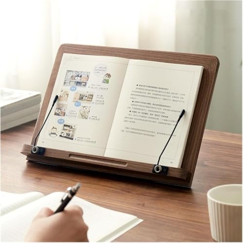 Wood Book Stand for Reading, 5 Adjustable Height Holder Tray with Page Clips for Textbook/Cookbook/Music Scores/Laptop/Tablet, Portable Reading Hands Free Desktop Document Book Mount Bookstand, Walnut