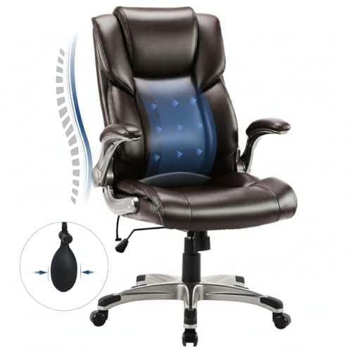 Ergonomic High Back Executive Office Chair with Adjustable Lumbar Support, Leather Office Chair with Flip-up Armrests, Swivel Computer Task Chair for Home Office Workstation, Brown,Set of 2