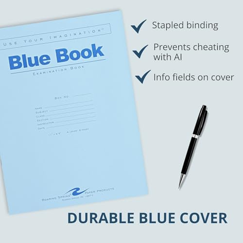 ROARING SPRING Exam Blue Books, 100 School Examination Booklets, 11" x 8.5", 4 Sheets/8 Pages, Wide-Ruled with Margin Student Testbook, Made in USA