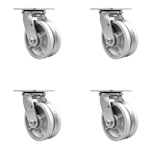 Heavy Duty Swivel Caster Set of 4 with 5 Inch V Groove Semi Steel Cast Iron Wheels and Ball Bearings - Includes 4 Swivel - 4,400 lbs. Total Capacity - Service Caster Brand