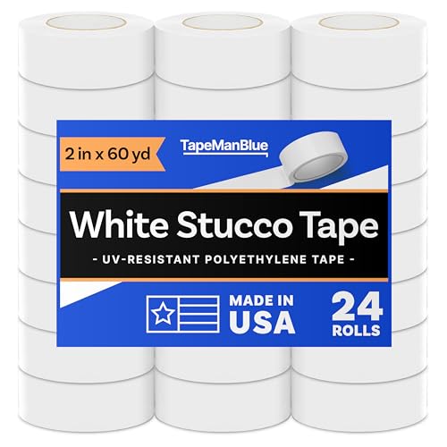 White Stucco Tape - Case of 24 Rolls, 2 Inch x 60 Yards, UV Resistant Polyethylene Tape for Stucco Construction, Masking Window & Door Frames, Hanging Poly Sheeting