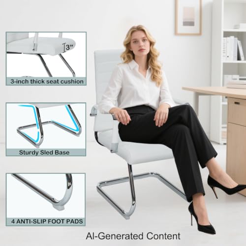 White Office Guest Chairs No Wheels Set of 2, Leather Conference Chairs