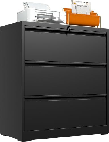 3 Drawer Lateral File Cabinet with Lock, Metal File Cabinets for Home Office, Office Furniture for Organization Hanging Legal/Letter/A4, Metal Filing Cabinet Storage Cabinet, Require Assembly, Black