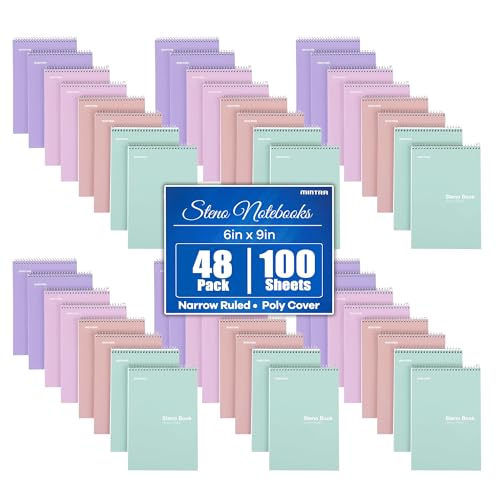 Mintra Office Steno Books Set - Top-Spiral Bound, Narrow Ruled, White Tint Sheets, Poly Pastel Covered Notebooks for Office & School, Colorful Lavender, Sage, Salmon, Spring Pink,6"x9", 48 Pack