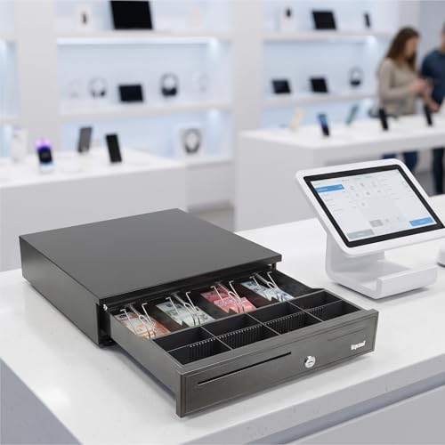 iggual IRON-20 Cash Box – Manual or Automatic Cash Register Box RJ11 (12 V) Compartment: x4 Bills and x8 Coins, Lock 3 Positions Lock, 42 x 40.5 x 10 cm. Black Steel Housing