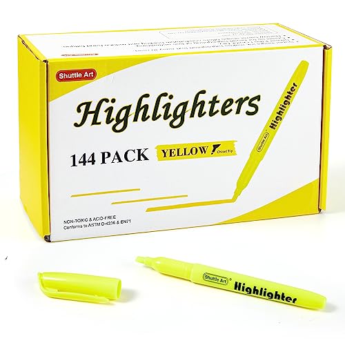 Shuttle Art 144 Pack Highlighters, Yellow Highlighter Pen Bulk with Versatile Chisel Tip Dry-Quickly Non-Toxic Highlighter Markers for Adults Teachers Students Highlighting in Home School Office