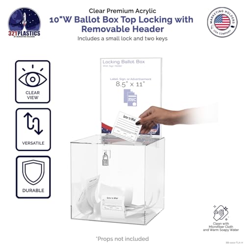 Marketing Holders 10 Inch Locking Ballot Box with Removable 8.5" x 11" Header Sign Holder Clear Acrylic Cube Raffle Ticket Collection Bin for Countertops