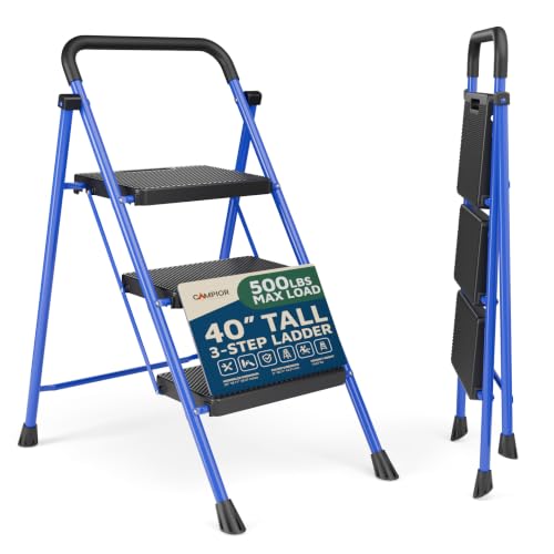 Blue 3 Step Stool Foldable – Heavy-Duty Foldable Step Stool for Adults, 500 lbs Capacity, Anti-Slip Feet & Wide Steps, Sturdy Steel Frame, Lightweight & Space-Saving Design for Home, Kitchen & Garage