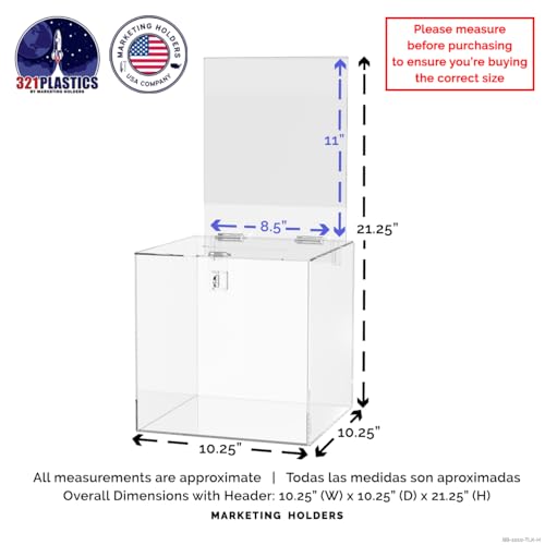Marketing Holders 10 Inch Locking Ballot Box with Removable 8.5" x 11" Header Sign Holder Clear Acrylic Cube Donation Bin