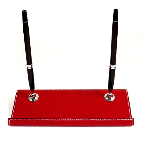 Bey-Berk Red Leather Double Pen Stand with Chrome Accents, 9.5"L x 4"W x 1"H