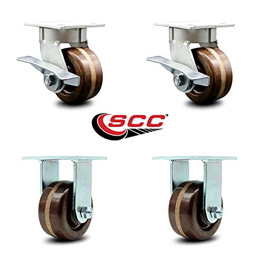 Heavy Duty Kingpinless Swivel Caster Set of 4 with 4 Inch High Temperature Glass Filled Nylon Wheels - Includes 2 Swivel with Brakes and 2 Rigid - 2,400 lbs. Total Capacity - Service Caster Brand