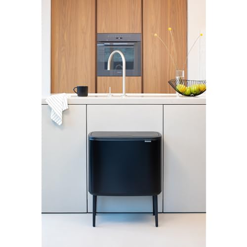 Brabantia Bo Touch Top Kitchen Trash Can with Single Compartment & Raised Legs | Matt Black | 9.5 Gal Inner Bucket | Soft-Close Garbage Can, Stay-Open Lid | Fits Against Wall | + Trash Bags