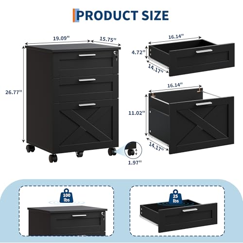 3-Drawer Rolling File Cabinet with Lock - Wooden Mobile Filing Cabinet for Home Office, Under Desk Storage Organizer fits Letter/A4/Legal Size, Sturdy Printer Stand with Locking Casters, Black