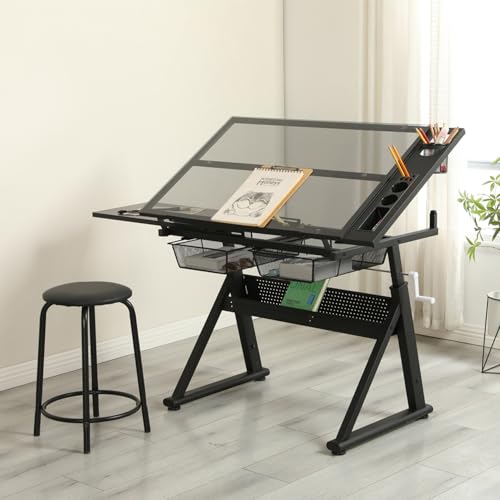 Japovker Adjustable Height Drafting Table with Storage Drawers & Stool for Adults, Glass Art Desk with Side Storage Strips, Drawing Table with Tilted Tabletop for Art Office Study (Black+Glass A)