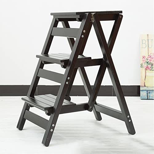 3 Step Folding Step Stools, Utility Multi-Functional Wooden Stepladder Portable Ladder Chair Seat, Home Kitchen Office Furniture Bedroom Step Stool