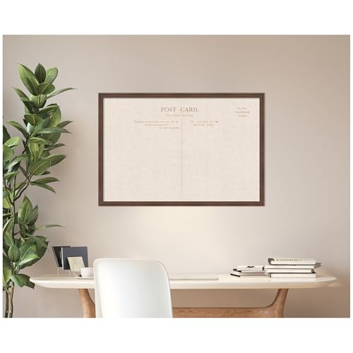 Kate and Laurel Framed Fabric Pinboard 38 x 26, Linen Vintage Post Card Printed Linen Classic Bulletin Board for Use as a Vision Board or Wall Organization, Florence Medium Brown Frame