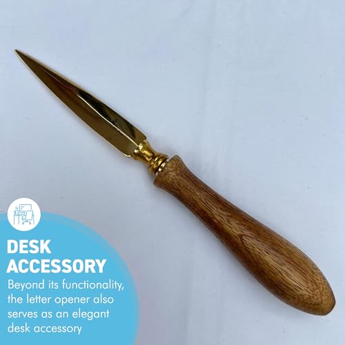 Thorness Wooden Handle Letter Opener, Brass-Plated Split File, Envelope Opener for School, Home, and Office Use, 20cm (L)