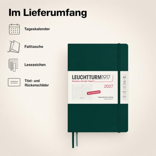 LEUCHTTURM1917 Daily Planner 2027 Dotted Medium (A5) - German, Forest Green, 145 x 210 mm (5.7 x 8.3 in), January–December (12 Months), 1 Page per Day, Hourly Grid 7:00–22:00, Hardcover, 80 g/m² Paper