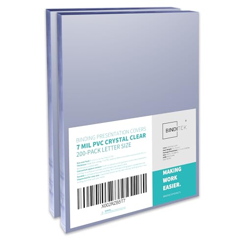 Binditek 200 Pack 7 Mil Clear Presentation Covers for Binding, 8.5 x 11 Inches, Letter Size, Square Corners, Un-Punched, Office Supplies