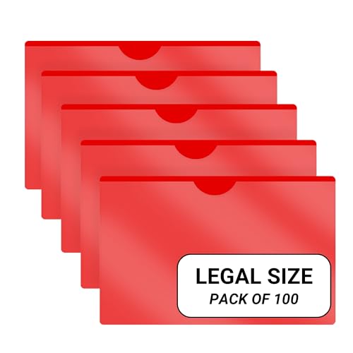 Doctor Stuff- 100 Pack, Vinyl Plastic Pocket File Folders Closed Sides, Legal Size, Clear Front Top Loading Job Jacket, Documents Holder for Office, High School and Medical Files, Red