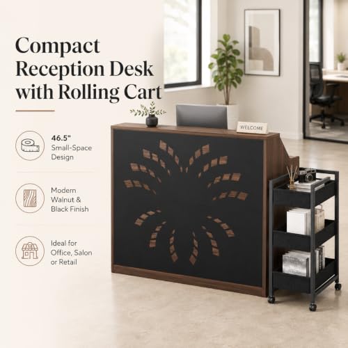 Elyveont 46.5" Walnut Black Small Reception Desk with Rolling Storage Cart