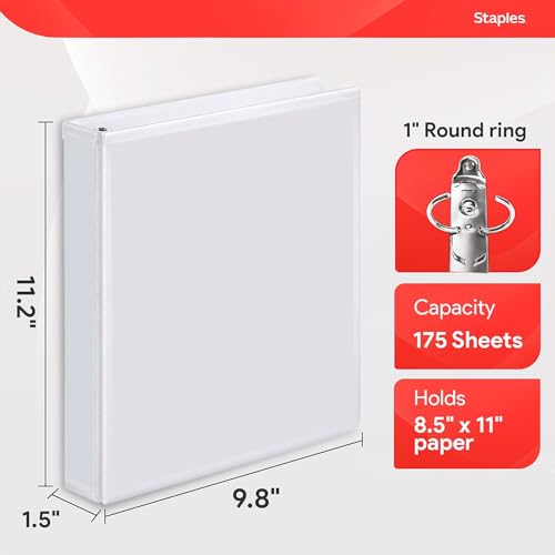 Staples Economy 1-Inch Round Ring Binder, White, 12-Pack