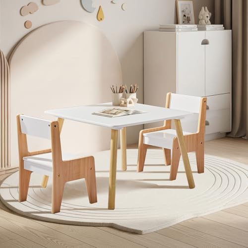 3 Pieces Wood Table and Chairs Set,Square Wooden Activity Tables,Bedroom Student Writing Desk,Study Dining Reading Table Set,with Wood Frames,for Small Space Living Room Study Room Playroom (White)